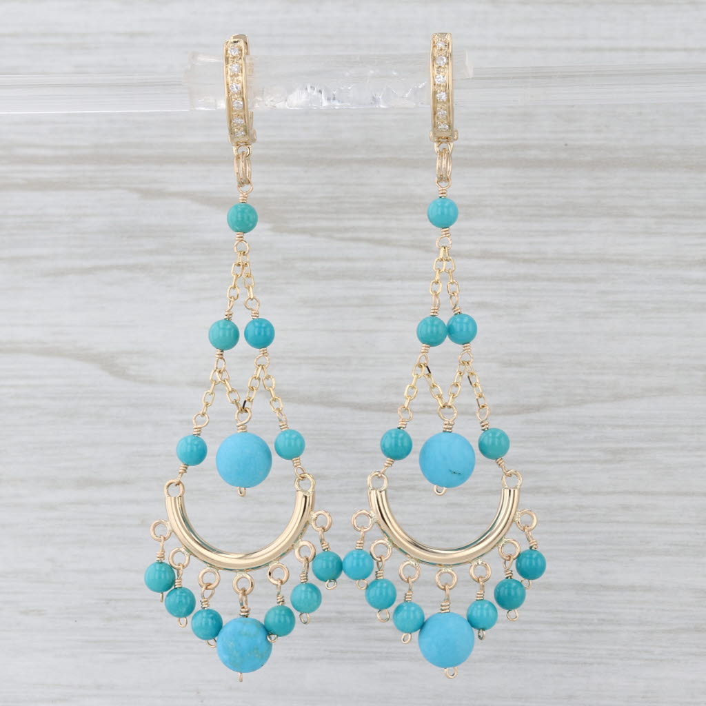 Imitation Turquoise Dangle Earrings 14k Yellow Gold Diamond Hoops
