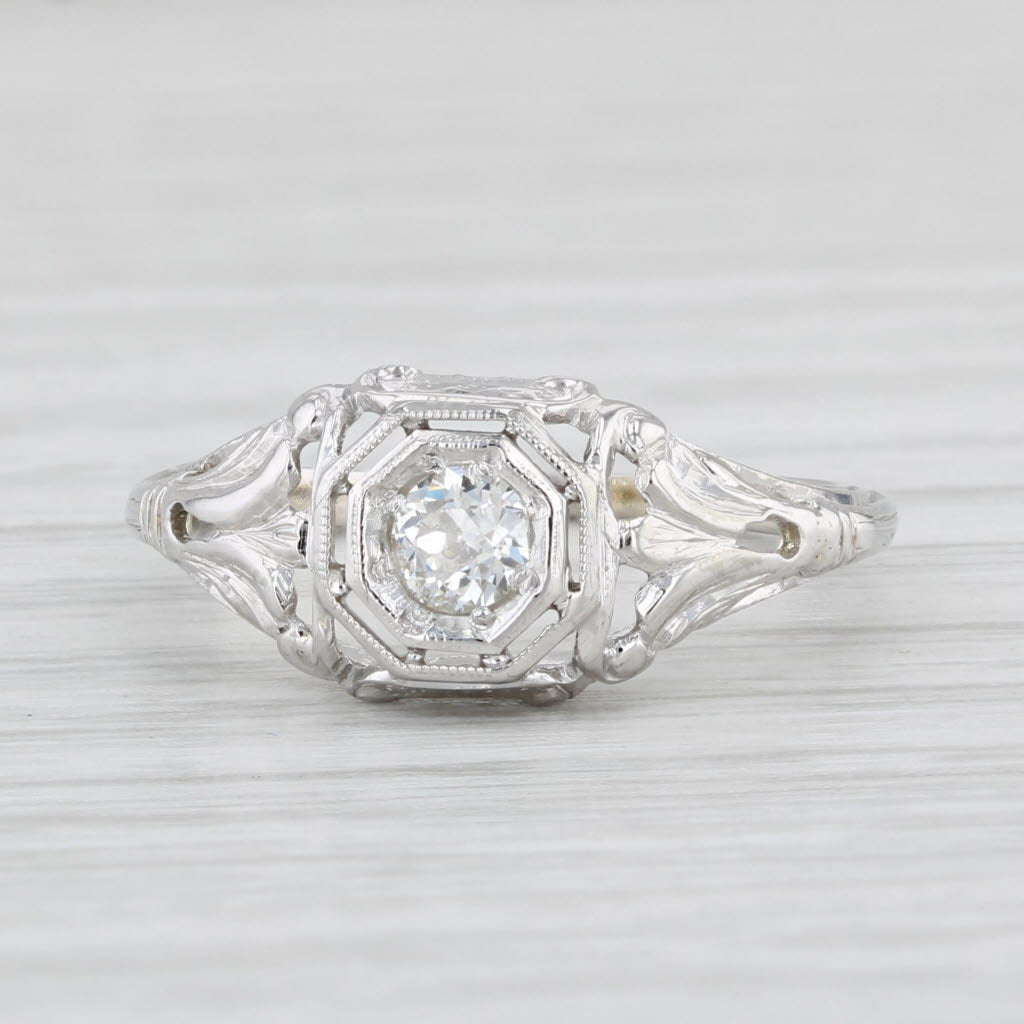 Light Gray Art Deco 0.18ct Diamond Solitaire Engagement Ring 18k White Gold Filigree Size 5