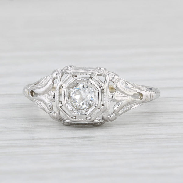 Art Deco 0.18ct Diamond Solitaire Engagement Ring 18k White Gold Filigree Size 5