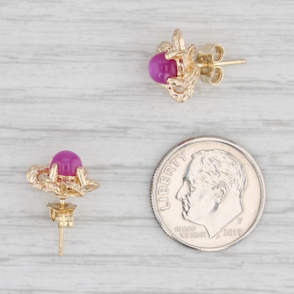 Light Gray Lab Created Ruby Flower Stud Earrings 14k Yellow Gold Round Cabochons