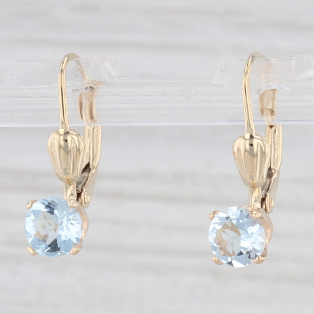 Light Gray 0.50ctw Aquamarine Drop Earrings 14k Yellow Gold Round Solitaires Lever Backs