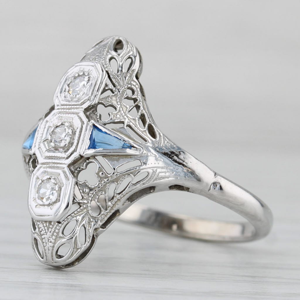 Gray Diamond Lab Created Sapphire Art Deco Ring 14k White Gold Filigree Size 5.75