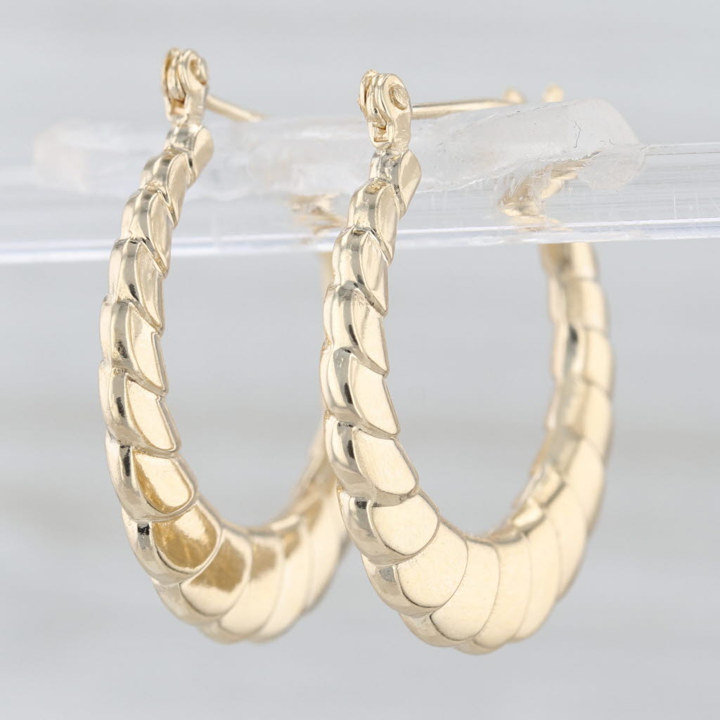 Tapering Scalloped Croissant Hoop Earrings 14k Yellow Gold Snap Top Round Hoops
