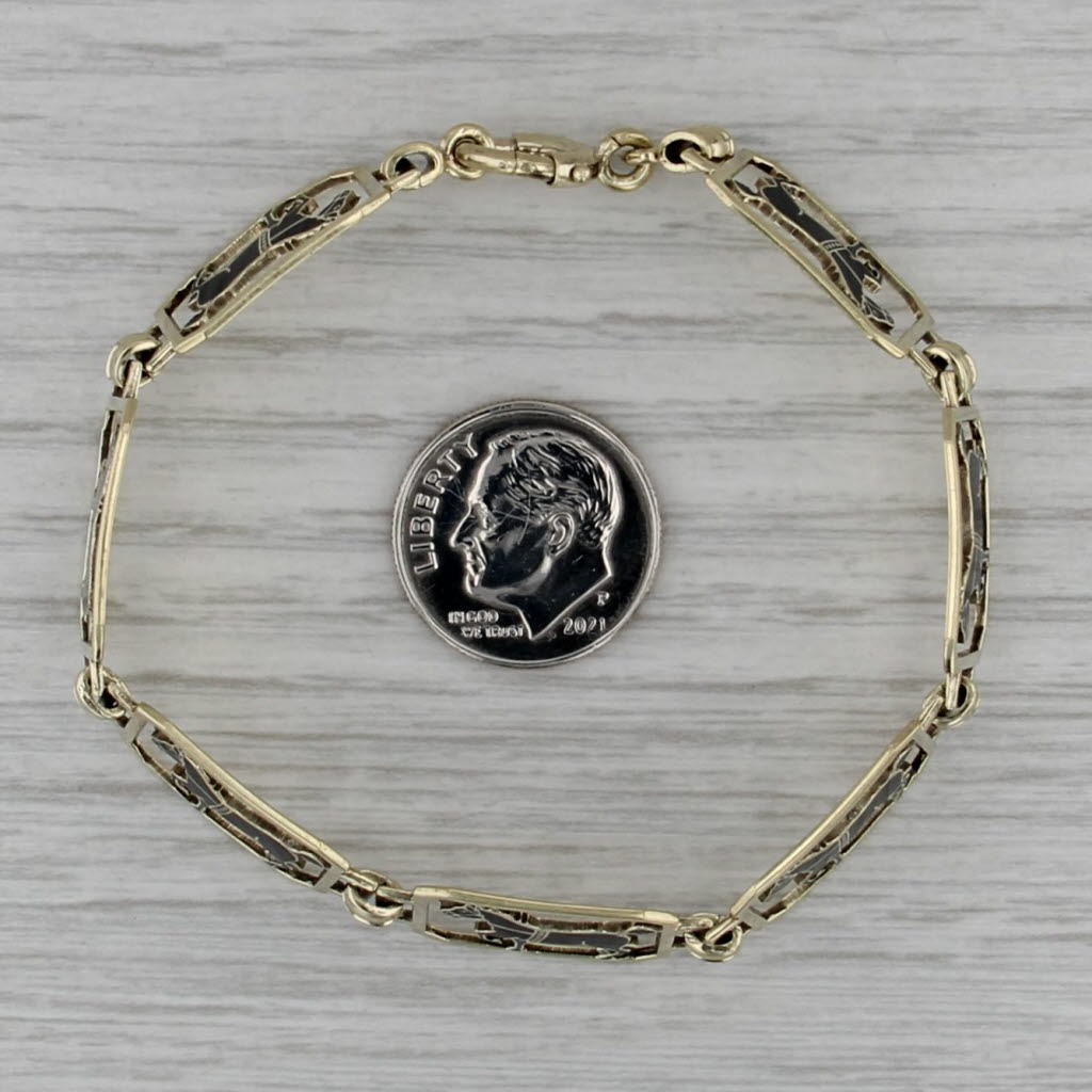 Vintage Black Enamel Horse Panel Bracelet 14k Yellow Gold 6.75" 12.1mm