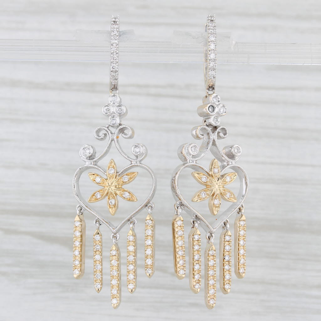 Light Gray 0.50ctw Diamond Flower Dangle Earrings 14k White Yellow Gold Fringed Drops