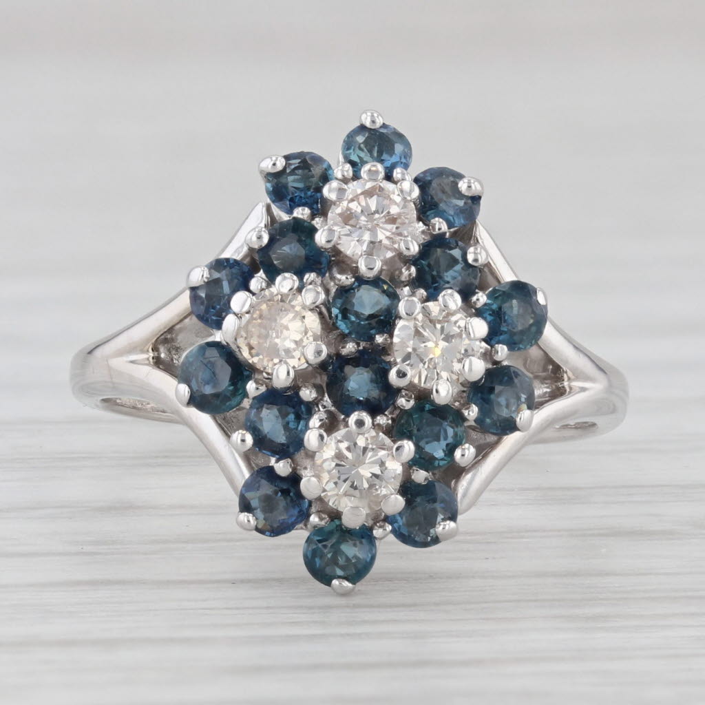 Light Gray 0.65ctw Diamond Blue Sapphire Cluster Ring 14k White Gold Size 5.75 Cocktail