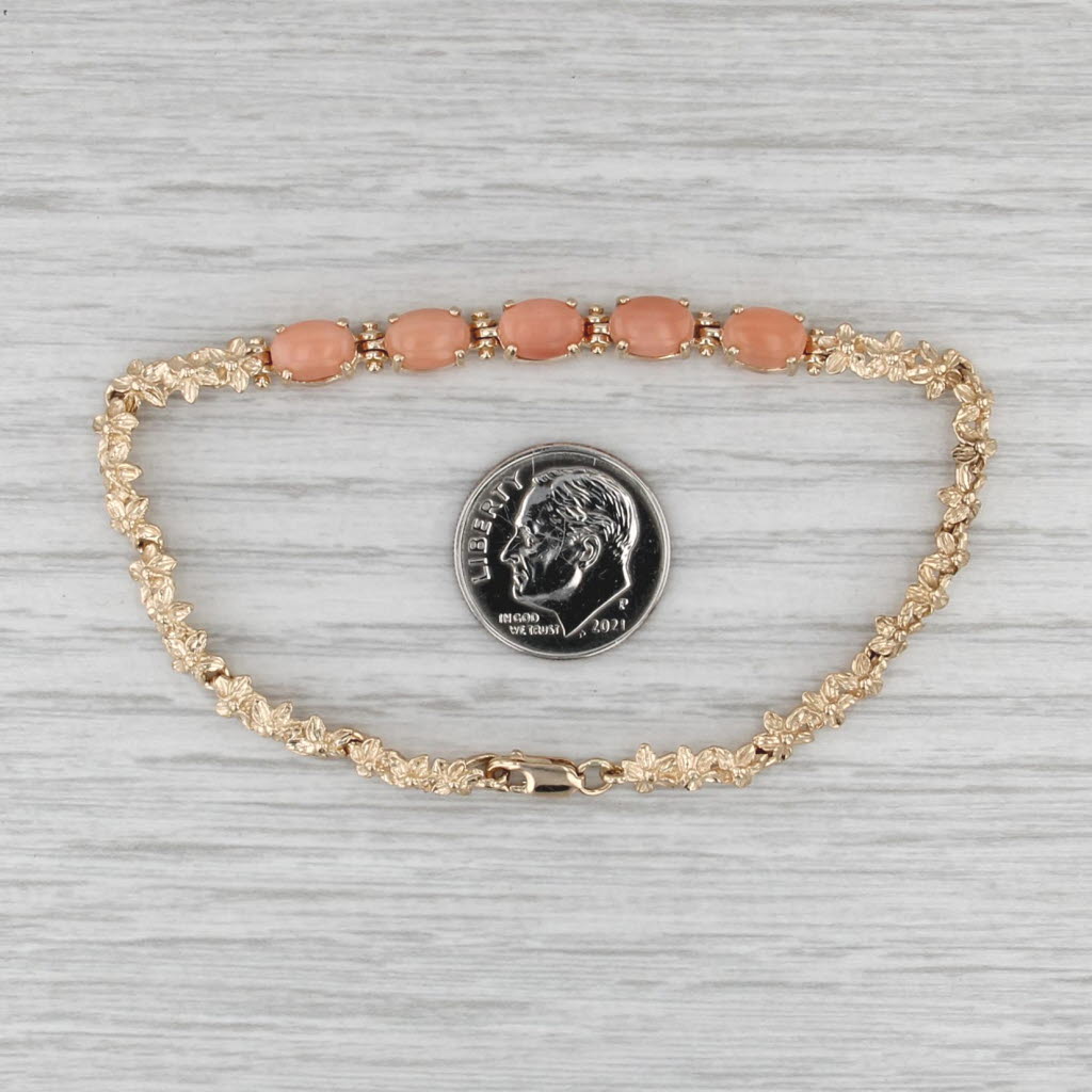 Coral Plumeria Flower Bracelet 14k Yellow Gold 7"