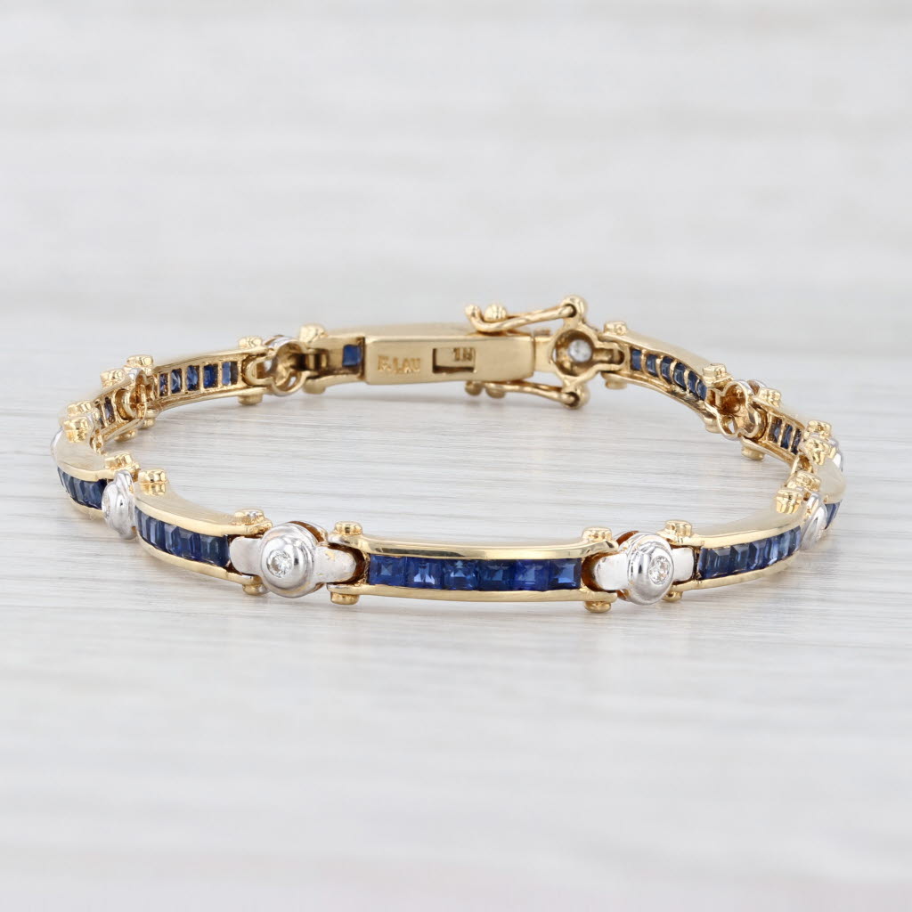 Light Gray 2.60ctw Blue Sapphire Diamond Bar Link Tennis Bracelet 18k Yellow Gold 6.75"