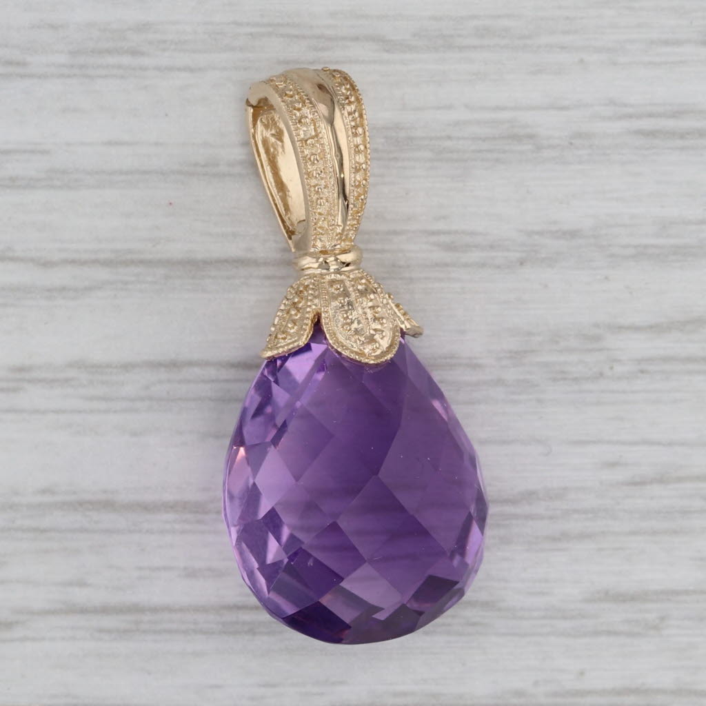 Gray Amethyst Pendant Checkerboard Faceted Pear Teardrop 14k Yellow Gold