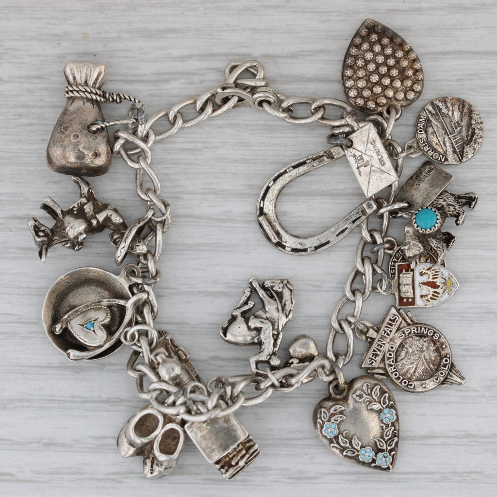 Gray Vintage Mixed Theme Charm Bracelet Sterling Silver 7.25" Train Hearts Travel