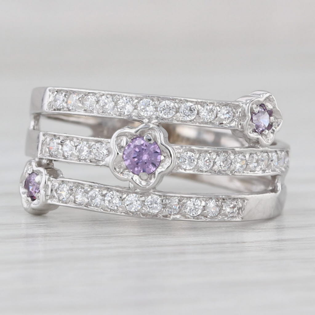 Light Gray 0.45ctw Purple & White Cubic Zirconia Bypass Coil Ring 14k White Gold Size 7.75