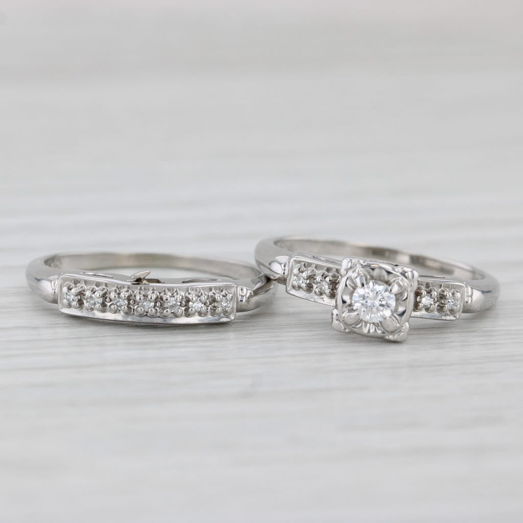 Light Gray Vintage 0.13ctw Diamond Engagement Ring Wedding Band Set 14k White Gold Size 5.5