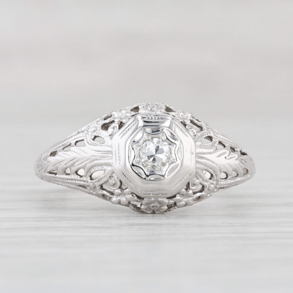 Light Gray Art Deco Diamond Solitaire Ring 18k White Gold Engagement Floral Filigree