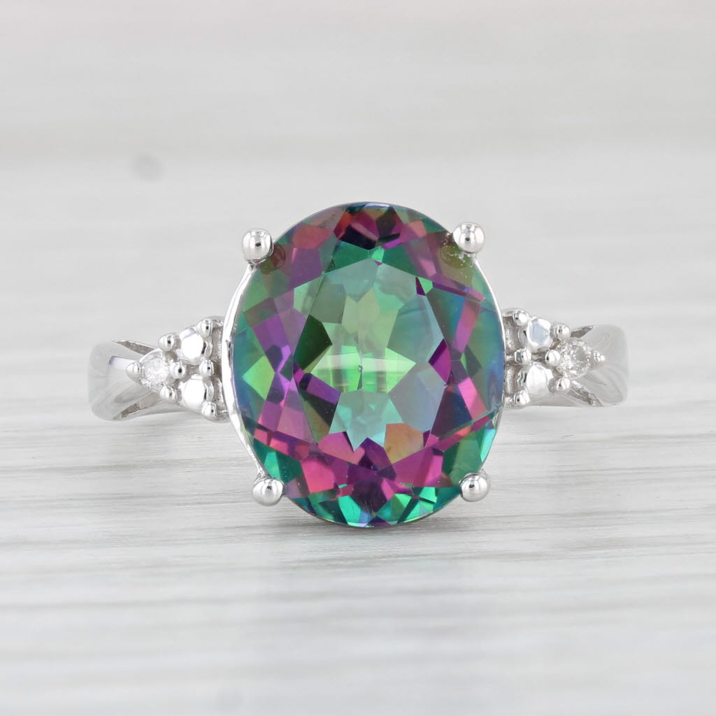 Light Gray 5.19ctw Oval Mystic Topaz Diamond Ring 10k White Gold Size 6.5