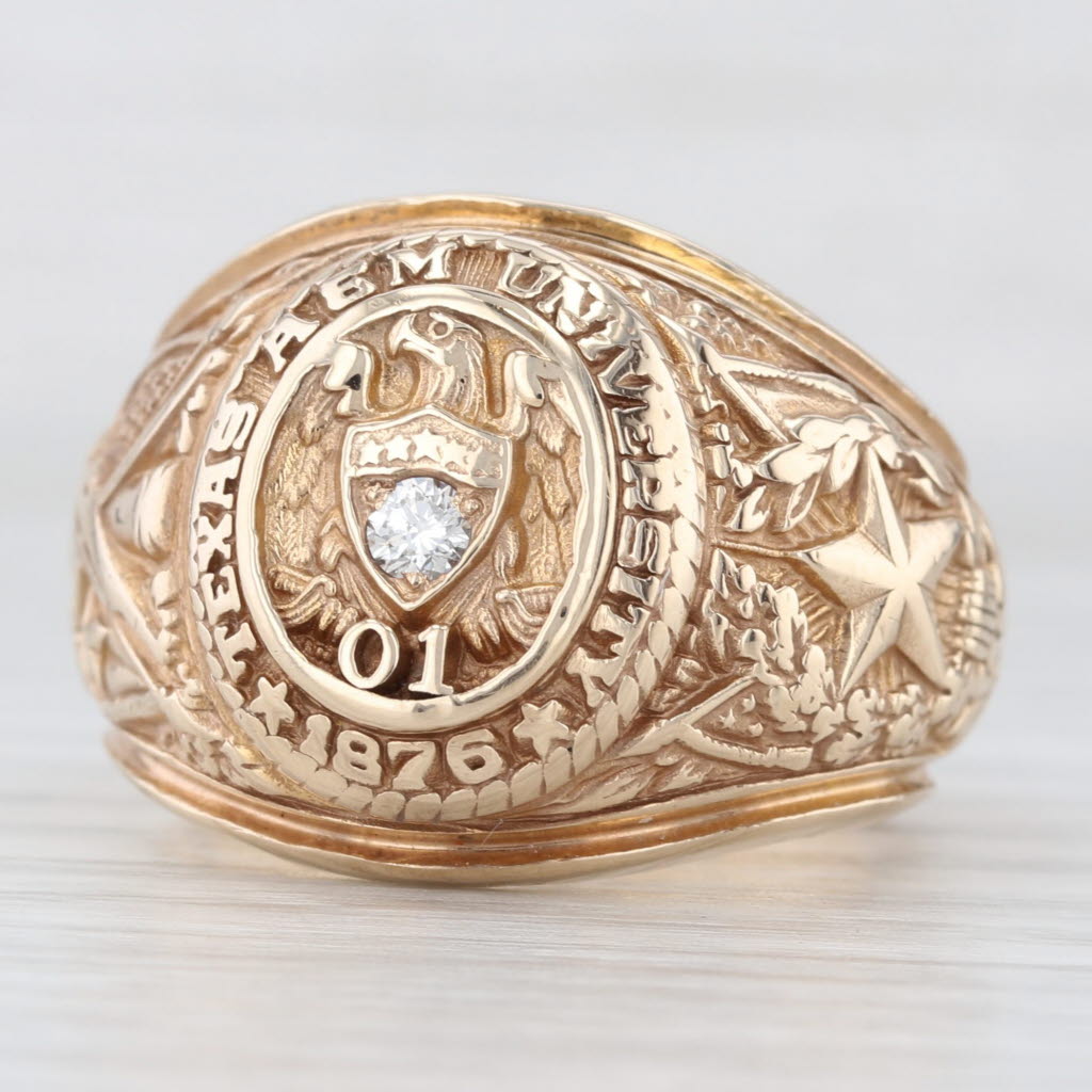 Light Gray Diamond A & M College of Texas Class Ring 10k Yellow Gold Sz 10 Engraved Signet