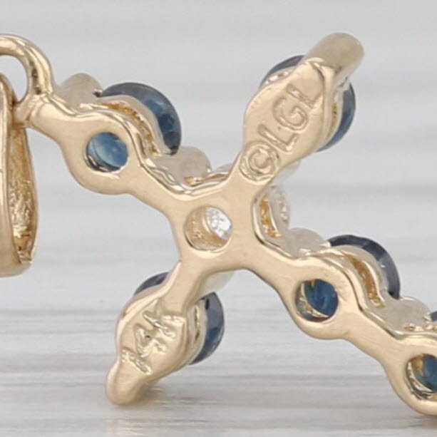 0.26ctw Blue Sapphire Diamond Cross Pendant 14k Yellow Gold Small Drop
