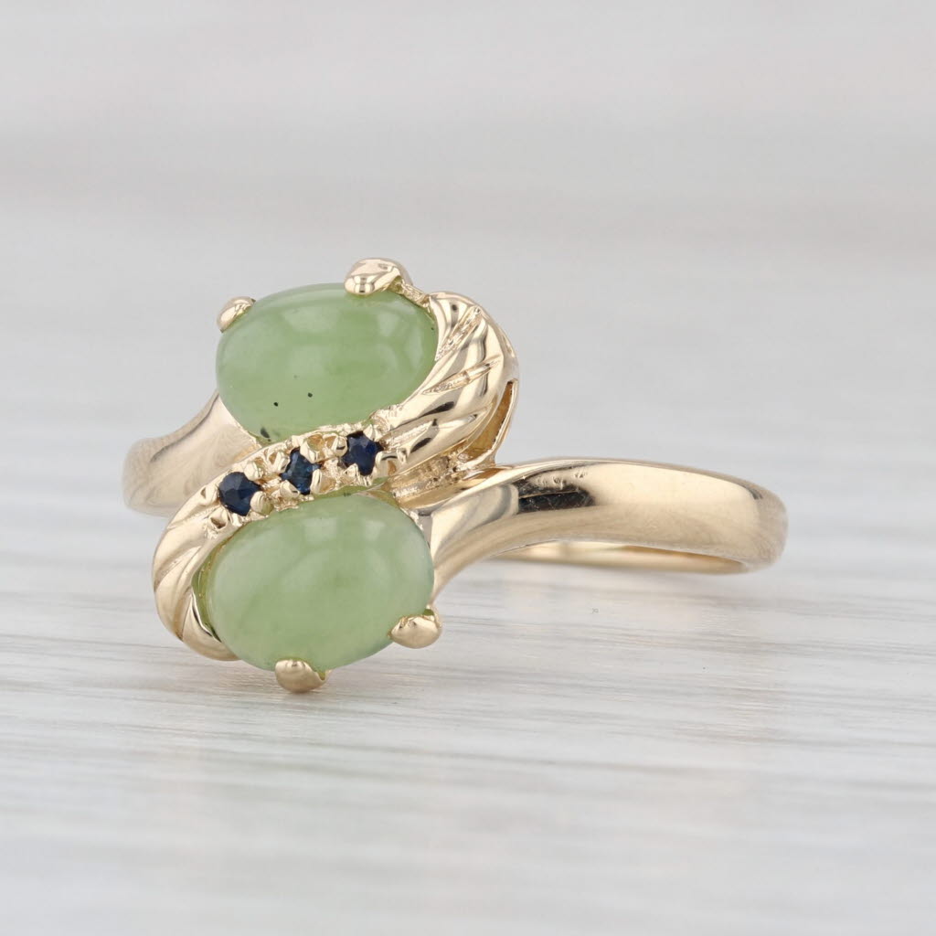 Green Nephrite Jade Sapphire Bypass Ring 14k Yellow Gold Size 7.25