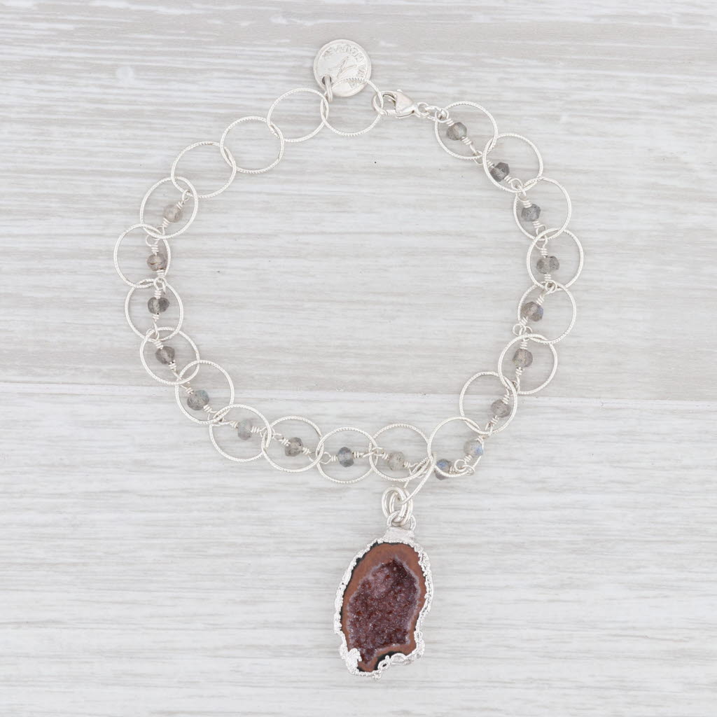 New Nina Wynn Charm Bracelet 7.5" Druzy Geode Quartz Labradorite Bead Sterling