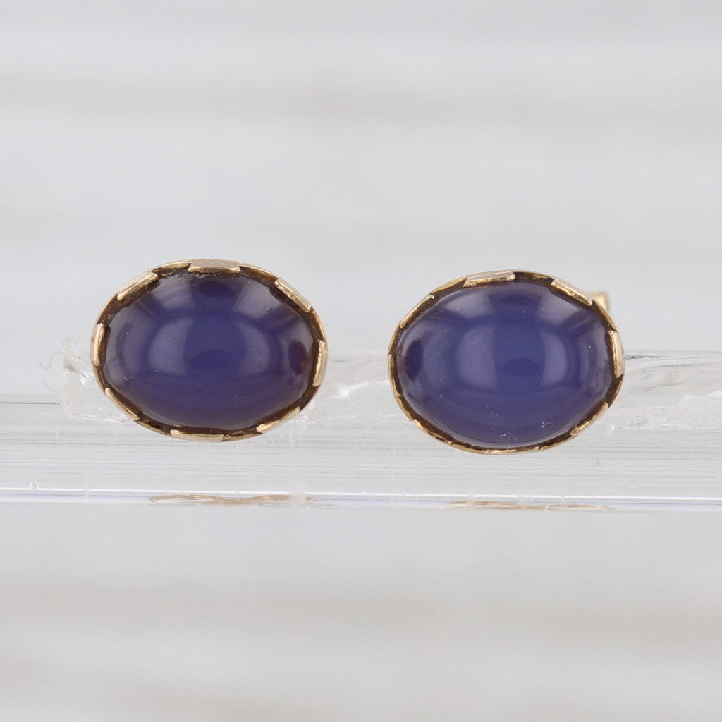 Vintage Violet Chalcedony Oval Cabochon Stud Earrings 14k Yellow Gold Studs
