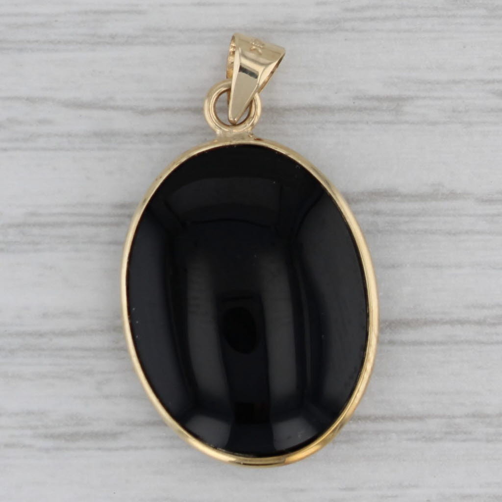 Gray Onyx Panda Bamboo Pendant 14k Yellow Gold Oval Cabochon Solitaire