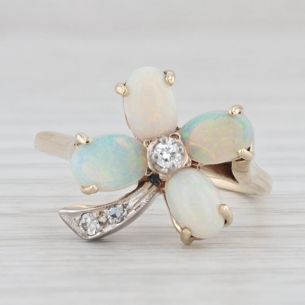 Light Gray Vintage Opal Diamond Flower Ring 10k Yellow Gold Size 6.5 Floral