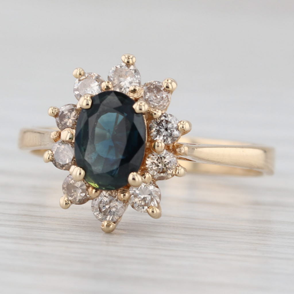 Light Gray 1.20ctw Blue Sapphire Diamond Halo Ring 14k Yellow Gold Size 6.75