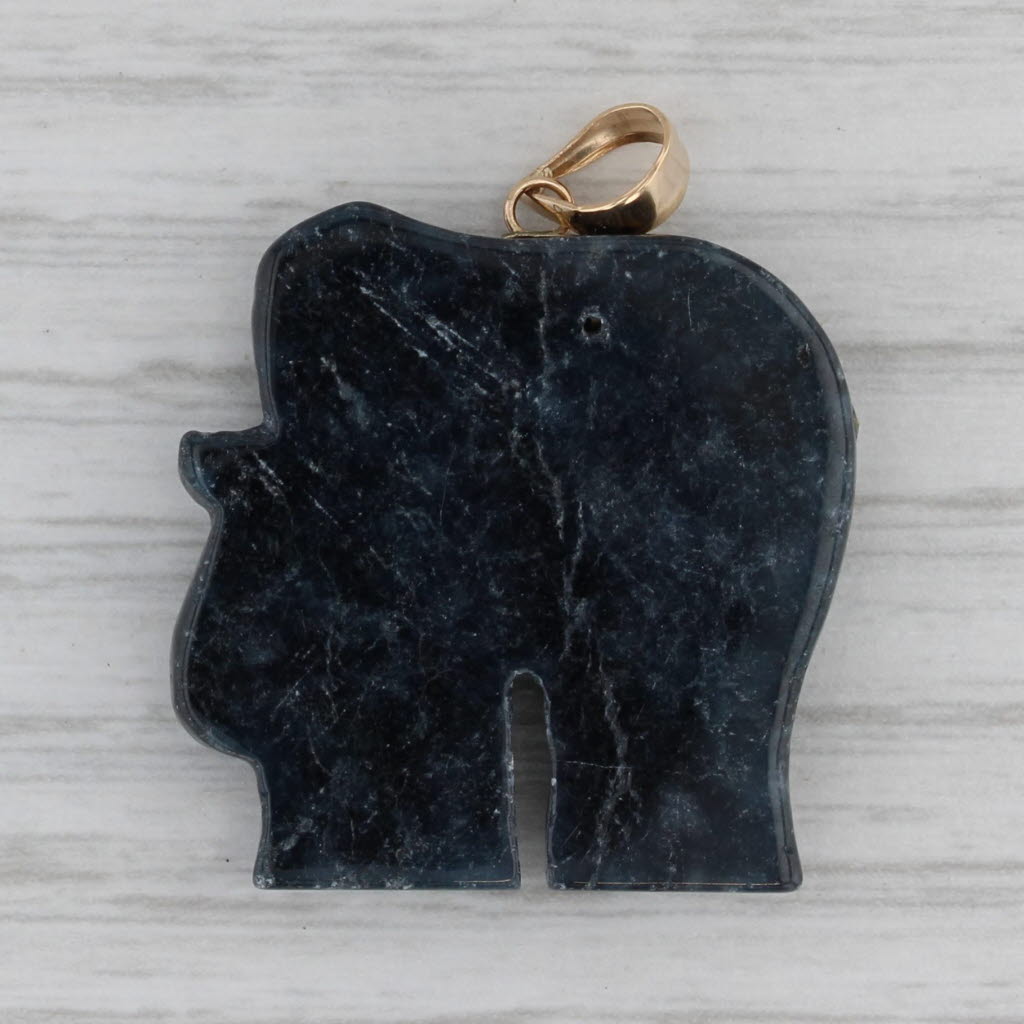 Black Black Jade Hardstone Elephant Pendant 10k Gold Longevity Chinese Calligraphy