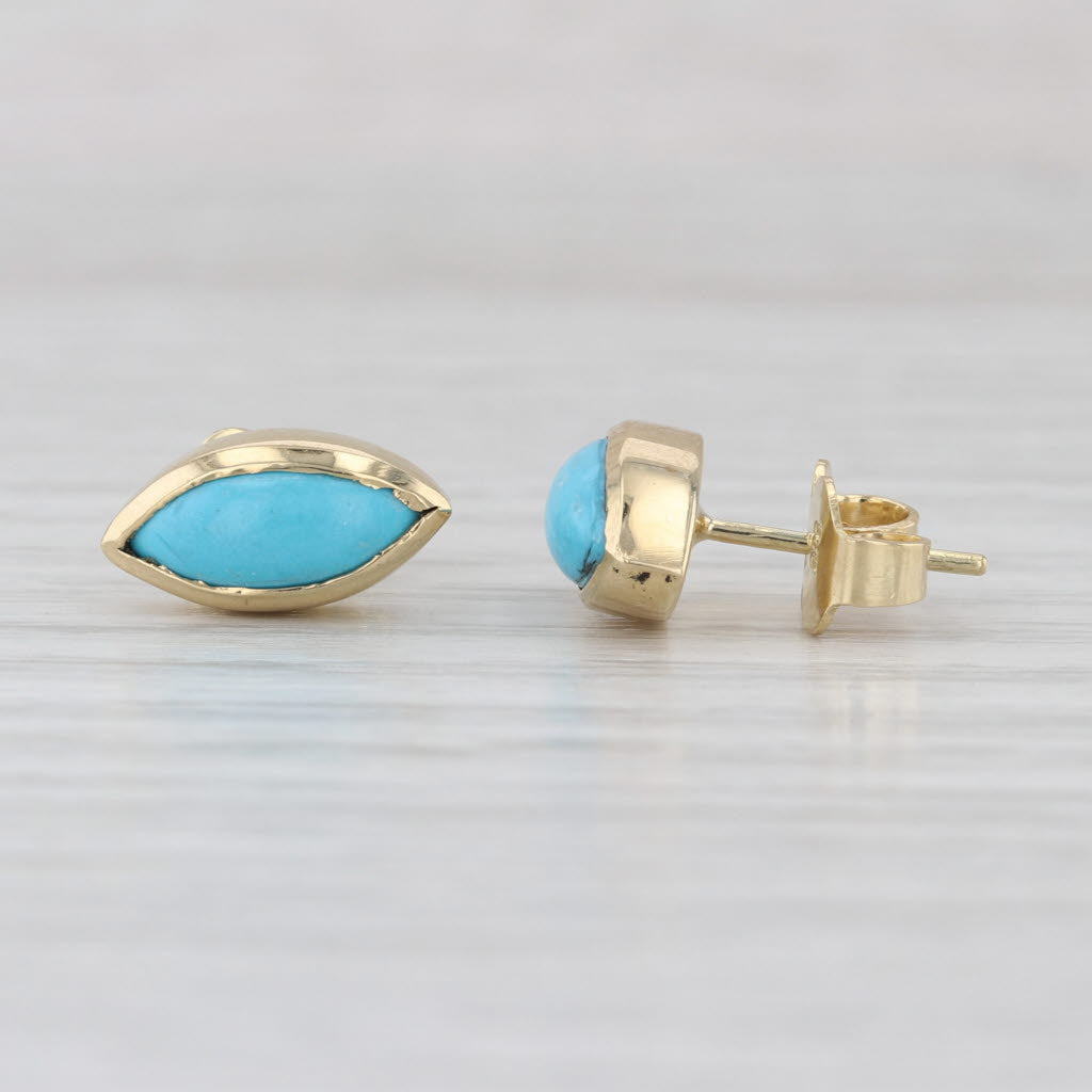 Vintage Marquise Cabochon Turquoise Stud Earrings 14k Yellow Gold
