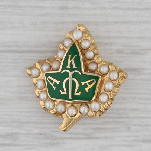 Gray Alpha Kappa Alpha Sorority Leaf Badge 10k Gold Pearl Enamel Vintage Greek Pin