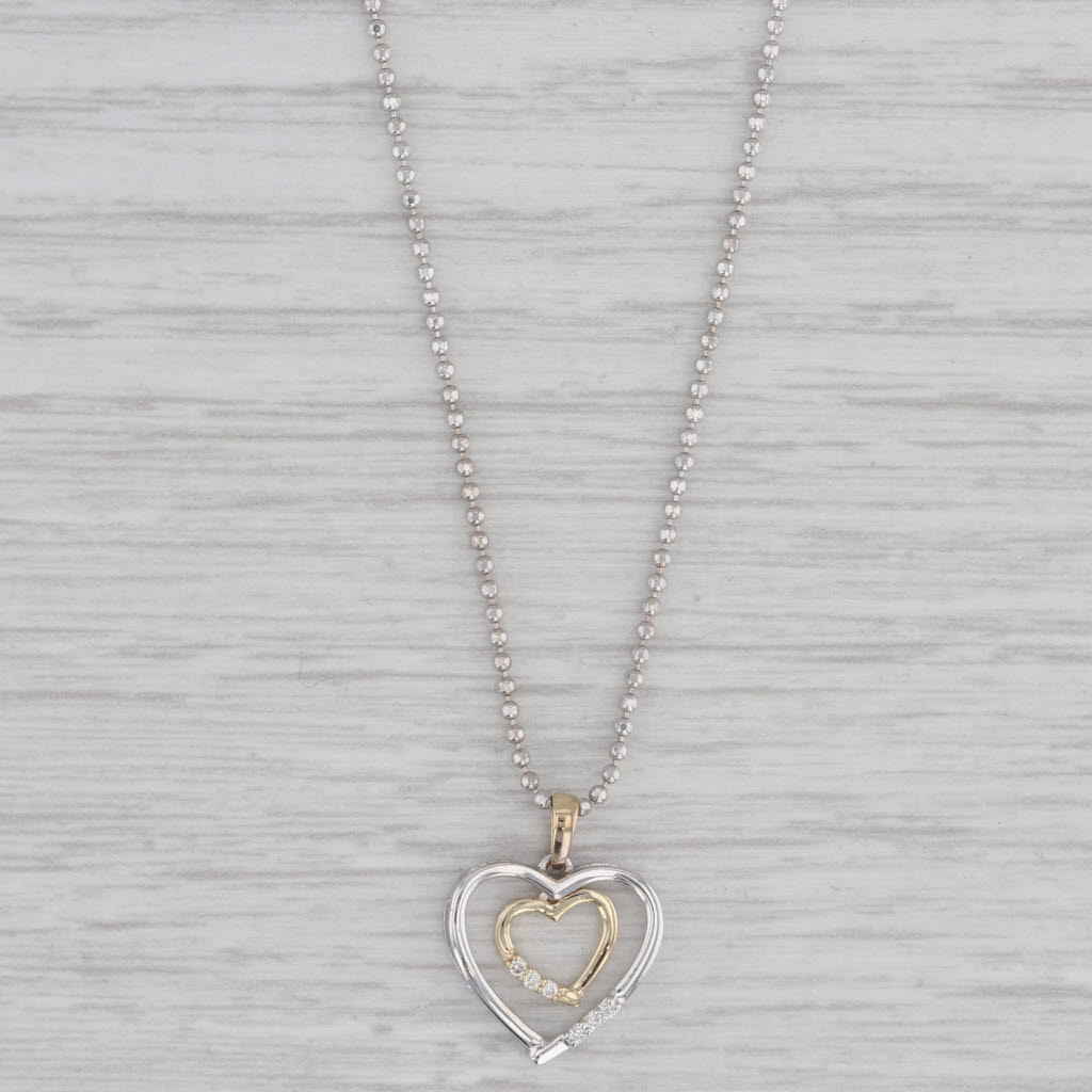 Gray Diamond Accented Double Heart Pendant Necklace 14k White Gold Bead Chain