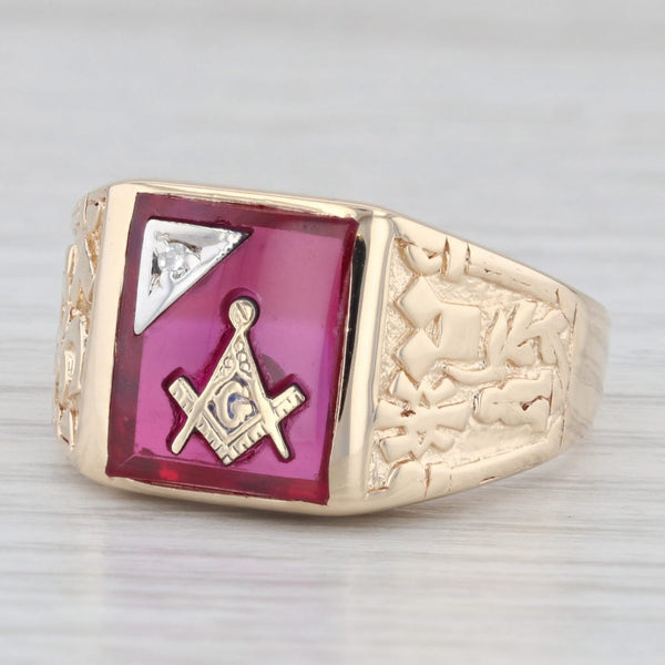Masonic Nugget Signet Diamond Synthetic Ruby 10K Yellow Gold Ring Size 12