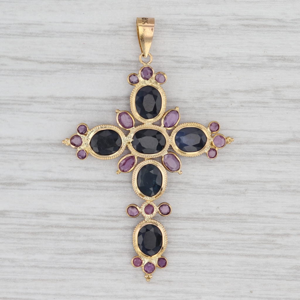4.35ctw Blue Pink Sapphire Large Cross Pendant 18k Yellow Gold Statement