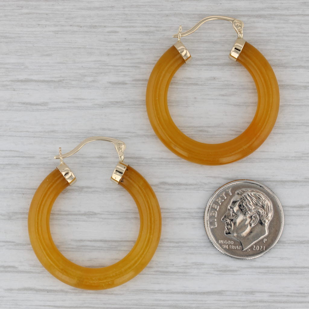 Gray Yellow Jadeite Jade Hoop Earrings 14k Yellow Gold Snap Top Round Hoops