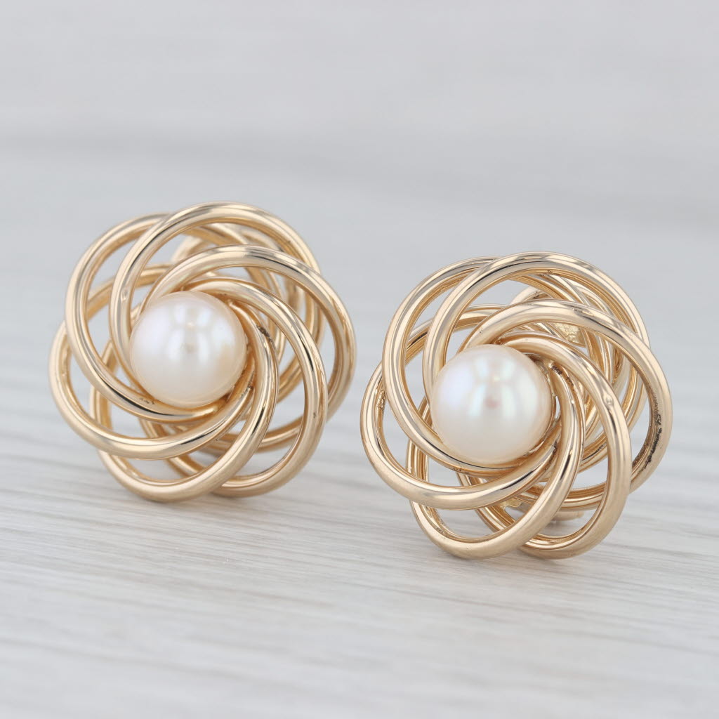 Light Gray Cultured Pearl Knot Stud Earrings 14k Yellow Gold Omega Backs