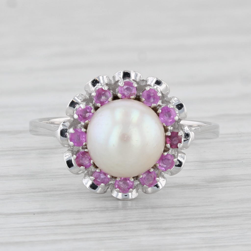 Light Gray Cultured Pearl Ruby Halo Ring 18k White Gold Size 5