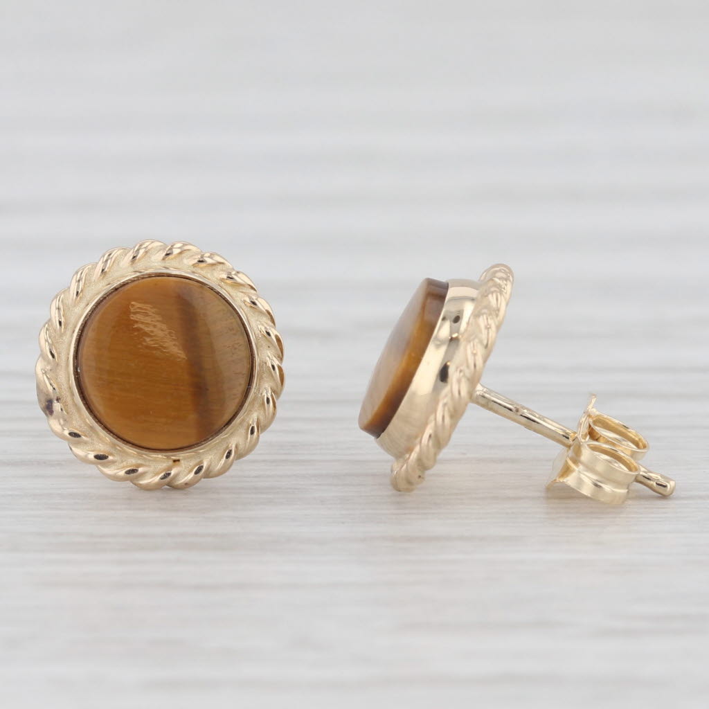 Light Gray Tiger's Eye Stud Earrings 14k Yellow Gold Round Solitaire Studs