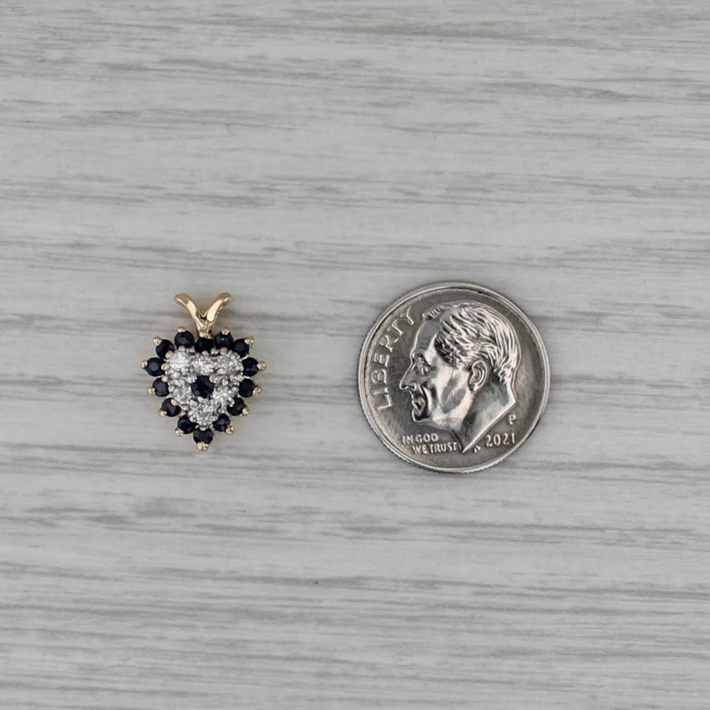 Blue Sapphire Diamond Heart Pendant 14k Yellow Gold Small Drop