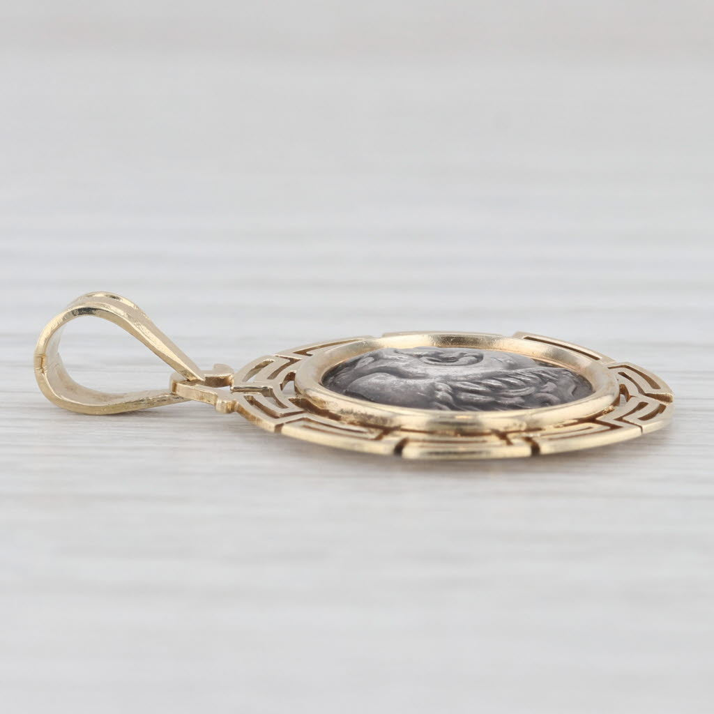 Light Gray Greek Coin Copy Pendant 14k Yellow Gold Silver Greek Key Pattern