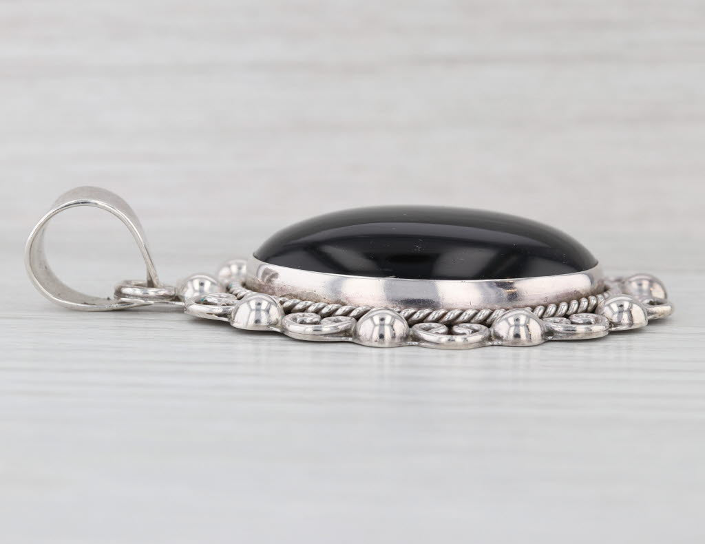 Black Onsidian Glass Pendant Sterling Silver Large Statement Ornate Taxco Mexico