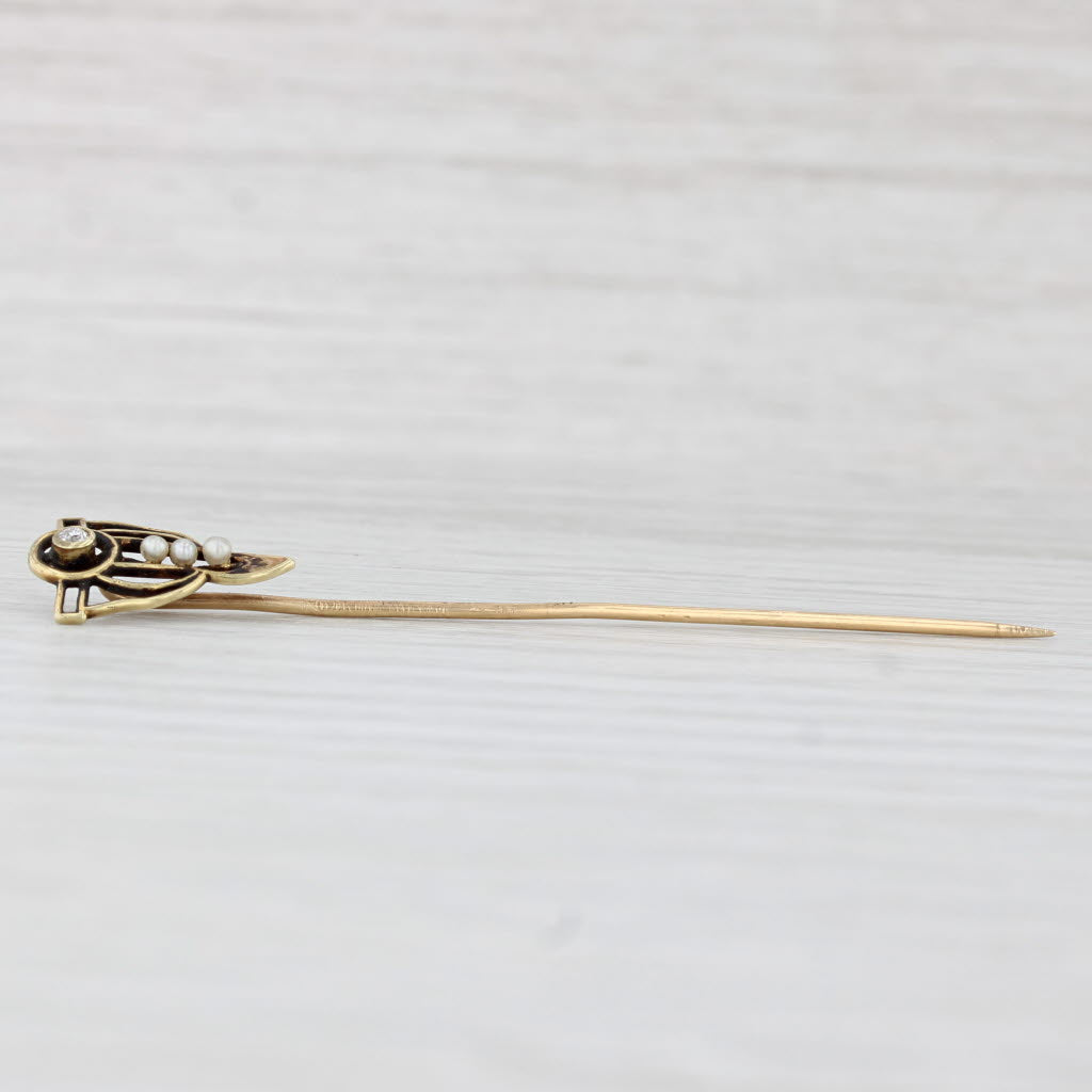 Light Gray Antique Diamond Seed Pearl Stickpin 14k Yellow Gold