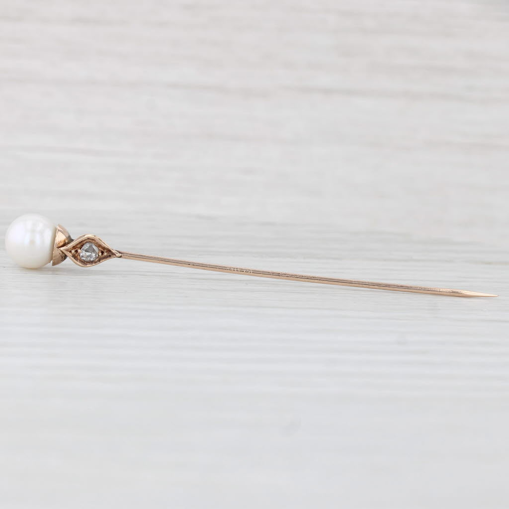 Light Gray Antique Cultured Pearl Diamond Stickpin 8-9k Yellow Gold Pin