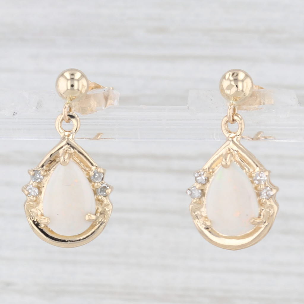 Light Gray Opal Diamond Teardrop Earrings 14k Yellow Gold Dangles