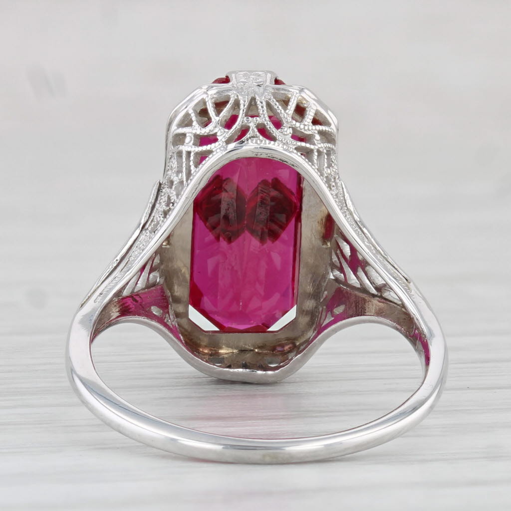 Light Gray Vintage Lab Created Ruby Diamond Signet Ring 14k White Gold Filigree Size 6.5