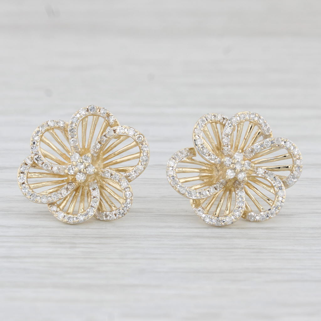 Light Gray 0.60ctw Diamond Flower Earrings 10k Yellow Gold Pierced Floral Studs