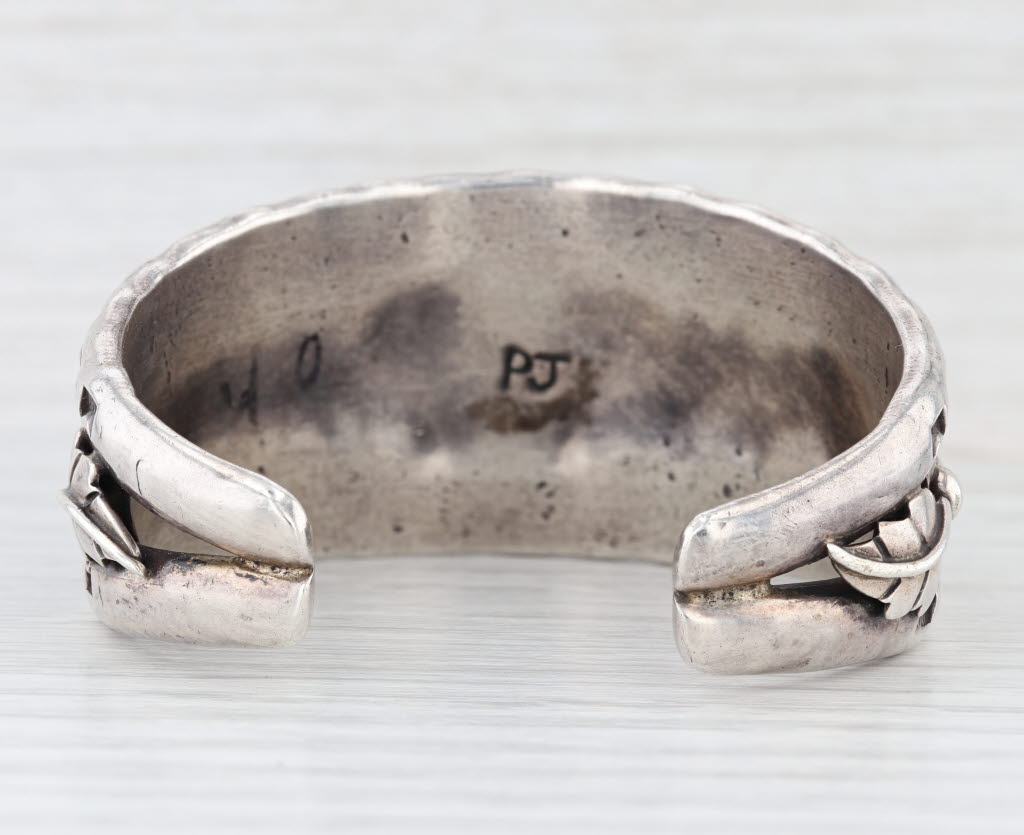 Native American Green Turquoise Cuff Bracelet Sterling Silver Vintage Artisan PJ