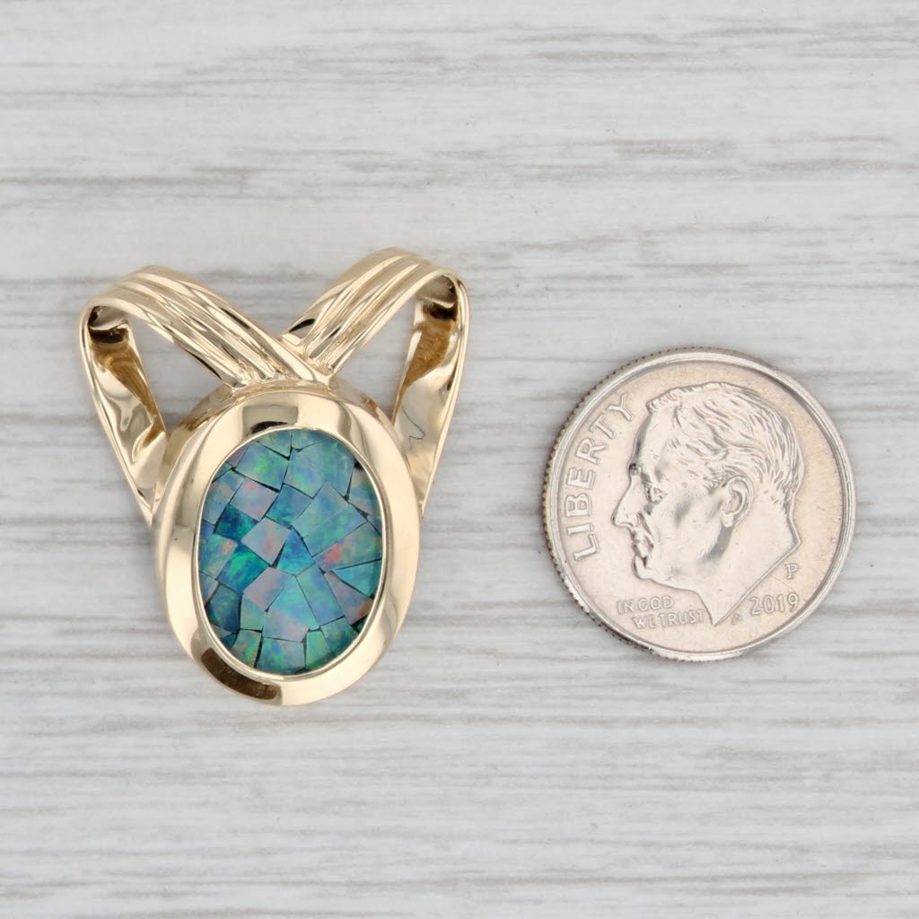 Light Gray Mosaic Opal Quartz Triplet Pendant 14k Yellow Gold Slide