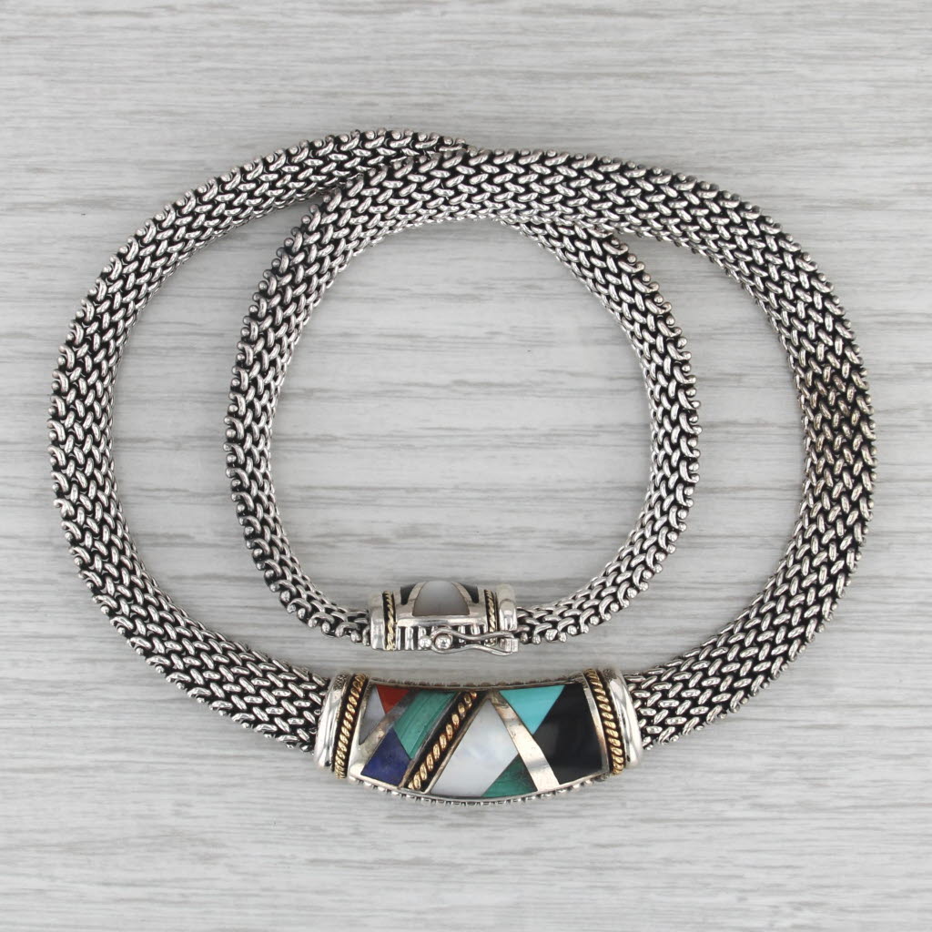 Asch Grossbardt Stone Mosaic Necklace Sterling Silver 18k Gold Mesh Chain 17.25"