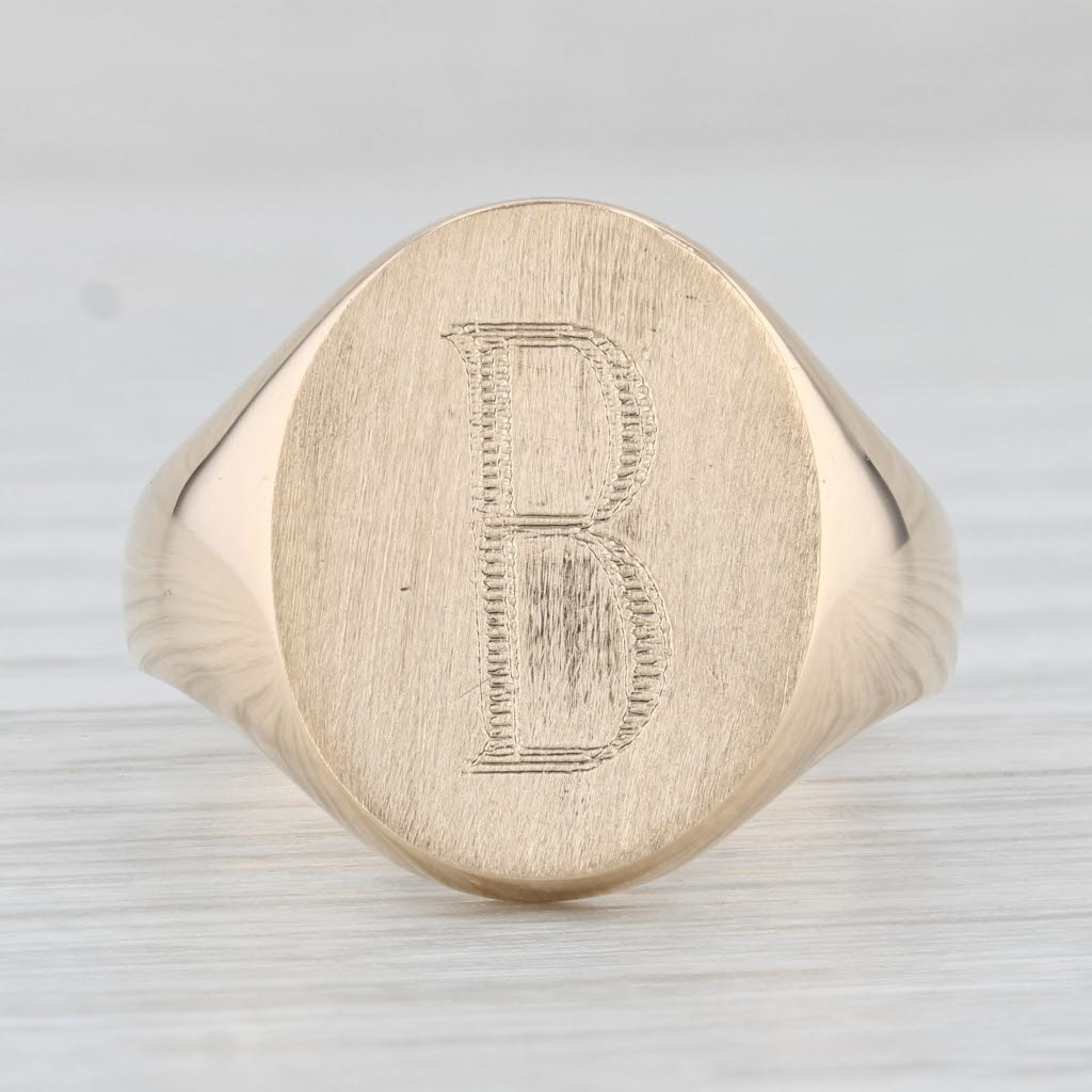 Light Gray Engraved Letter "B" Initial Signet Ring 14k Yellow Gold Size 9.75 Vintage Men's