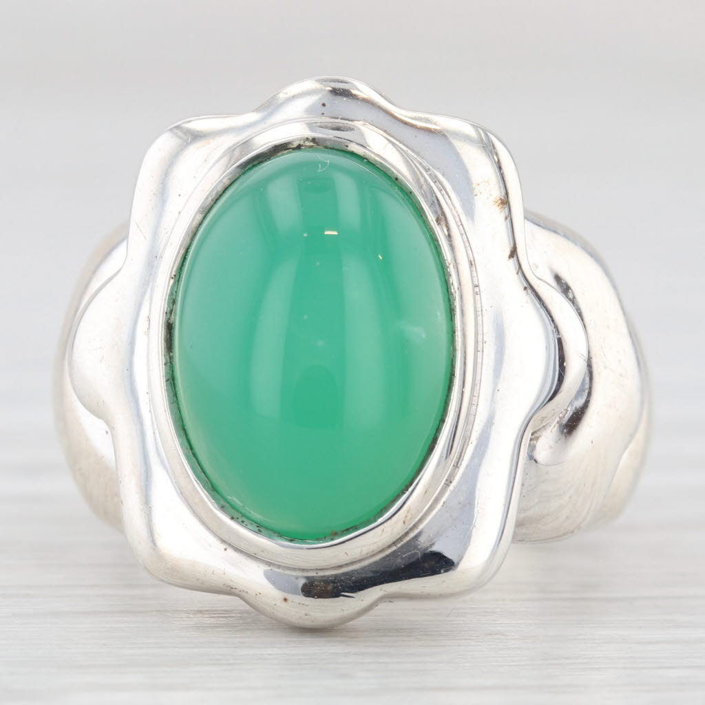 Light Gray Green Chrysoprase Oval Cabochon Solitaire Ring Sterling Silver Size 5