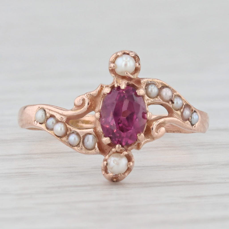 Victorian 0.50ct Ruby Seed Pearl Bypass Ring 14k Rose Gold Size 6 Antique